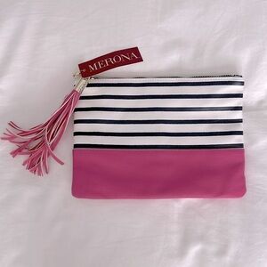Merona Brand Pink Black and White Striped Clutch Purse - Brand New